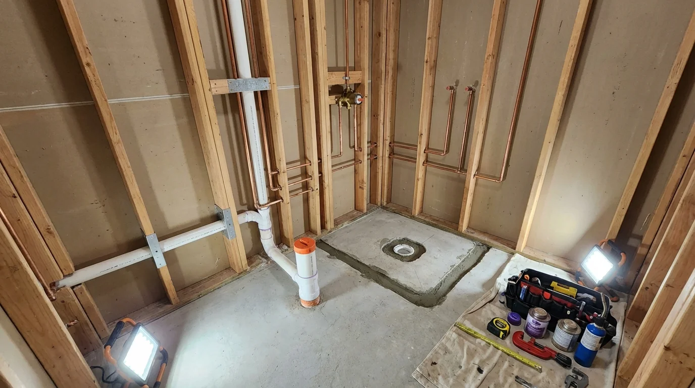 Bathroom rough-in plumbing during remodel by Johns Plumbing LLC in Weeping Water