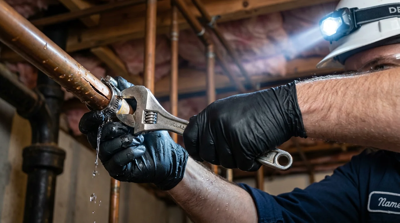 Emergency pipe clamp repair being performed by a Johns Plumbing LLC plumber in Weeping Water