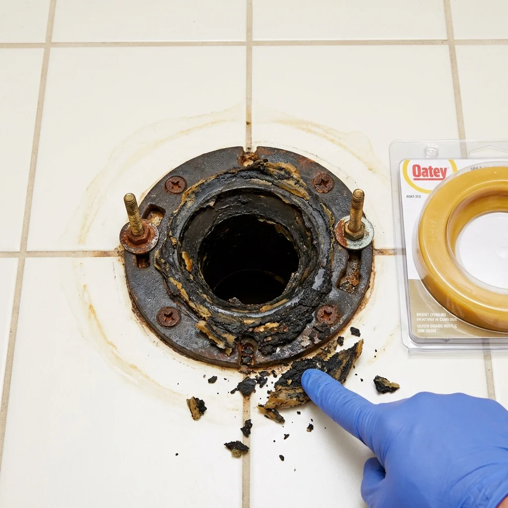 Failed wax ring showing water seepage at the base of a toilet in a Weeping Water, NE home