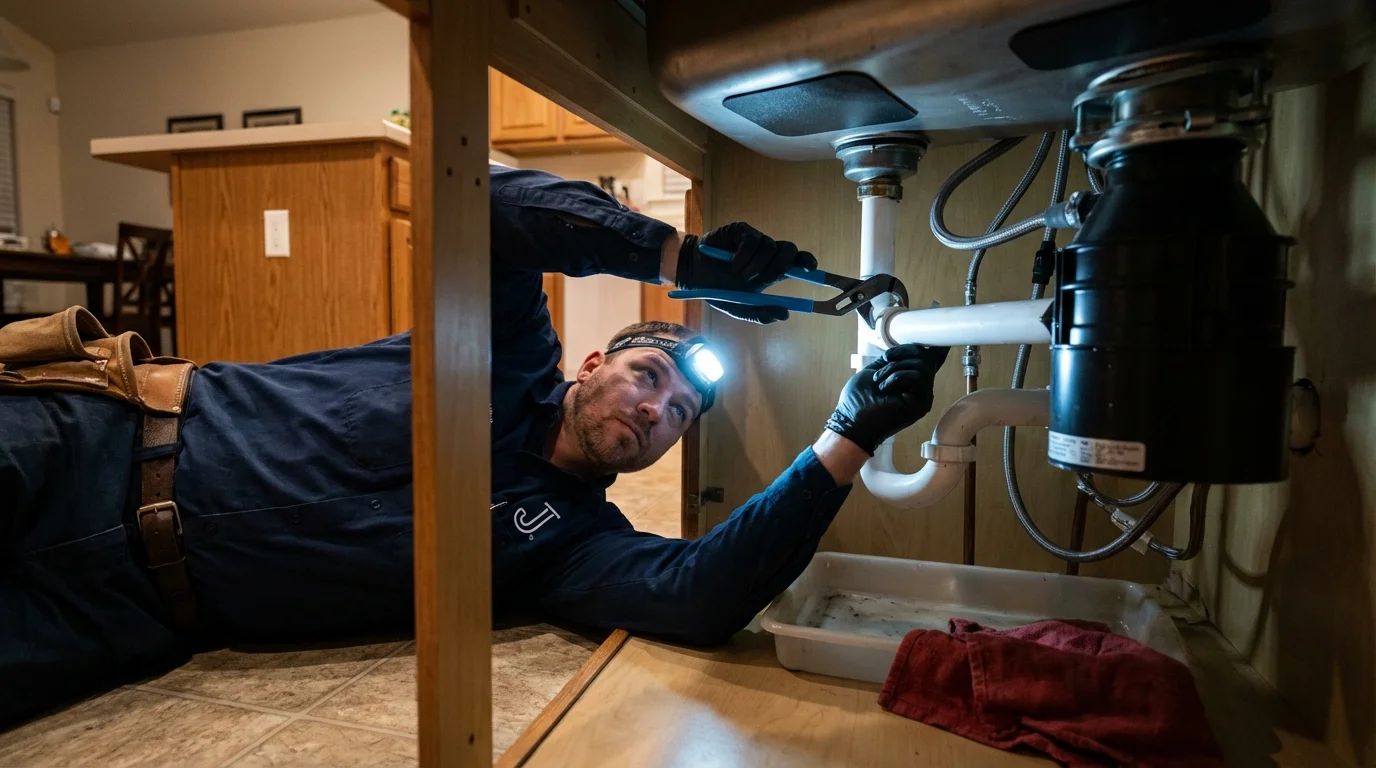 P-trap and supply line connections under a kitchen sink showing a common leak point in Weeping Water, NE